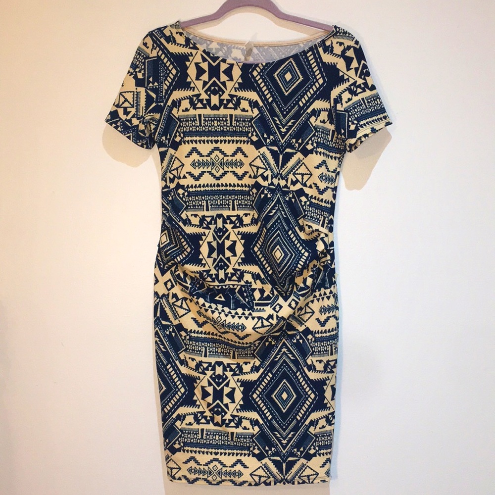 Pinkblush Ruched Fitted Maternity Bodycon Midi Dress Jacquard Tribal